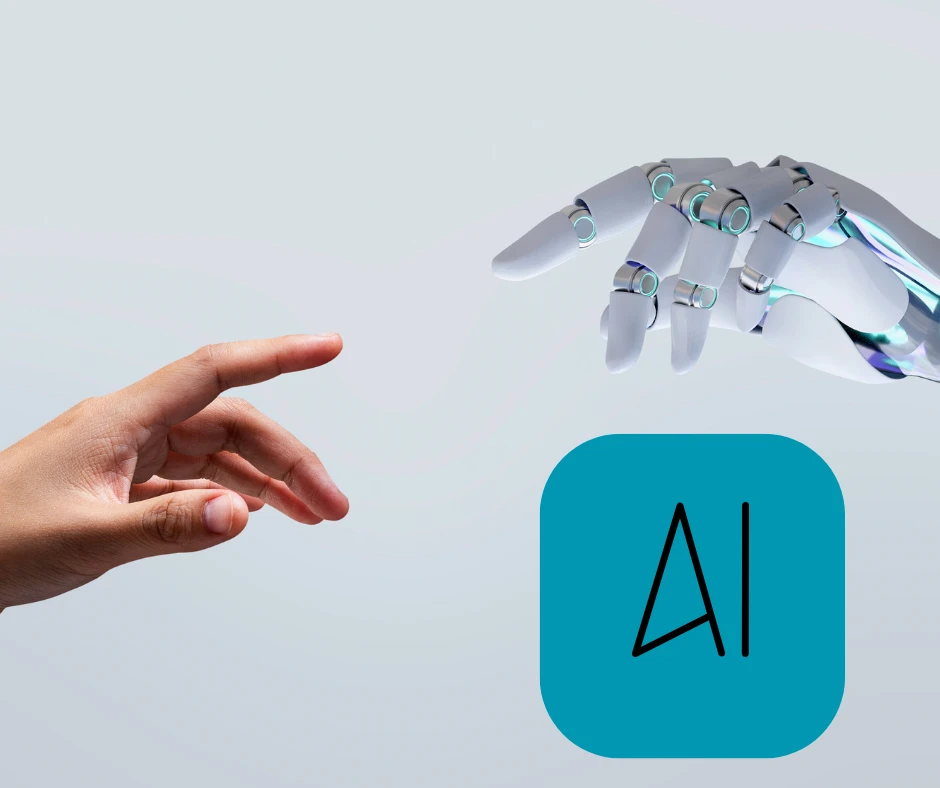 Ręka ludzka i ręka robota sięgające do siebie, podpis "AI"