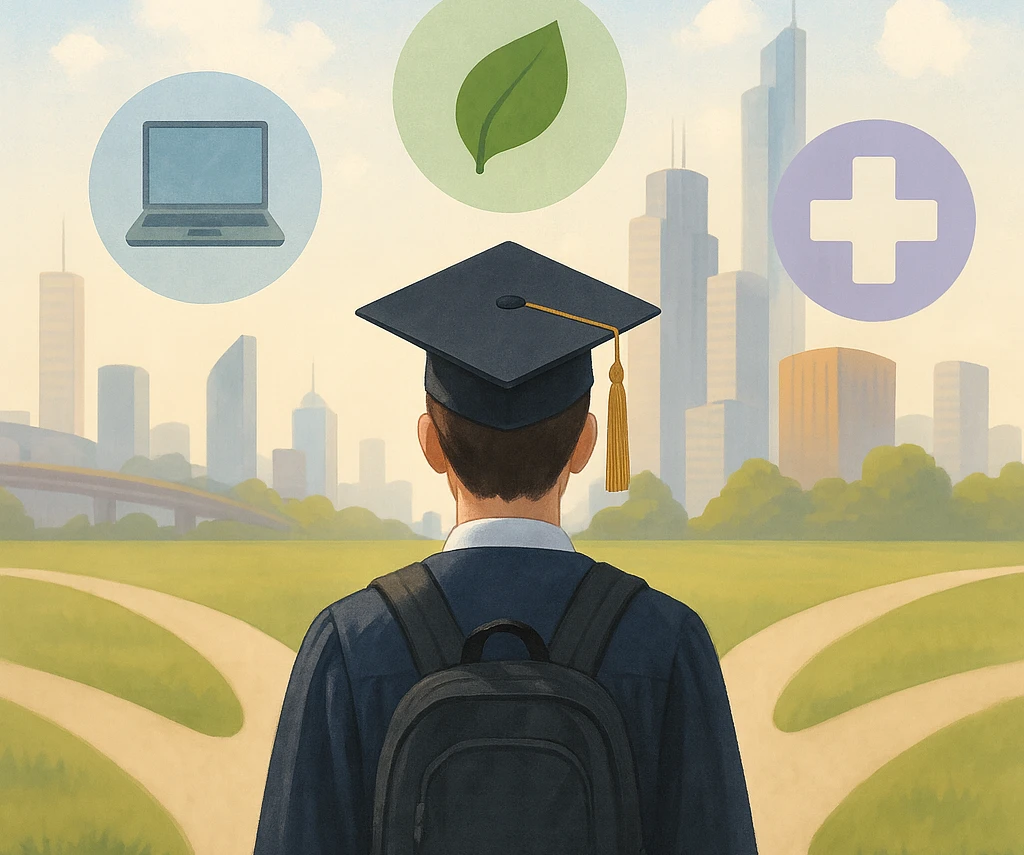 Grafika - absolwent w birecie patrzący w dal na miasto.