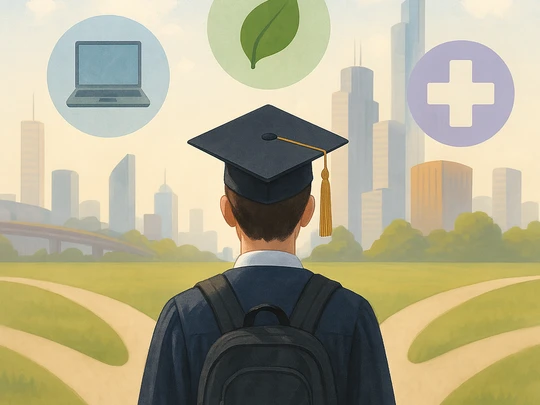 Grafika - absolwent w birecie patrzący w dal na miasto.